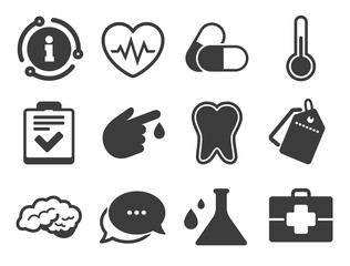 Tooth, pills and doctor case signs. Discount offer tag, chat, info icon. Medicine, healthcare and diagnosis icons. Neurology, blood test symbols. Classic style signs set. Vector