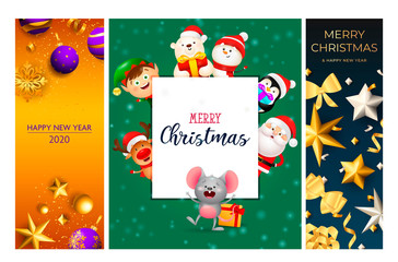 Merry Christmas orange, green, blue banner set with animals