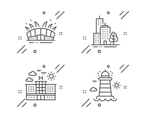 Hotel, Arena stadium and Skyscraper buildings line icons set. Lighthouse sign. Travel, Sport complex, Town architecture. Beacon tower. Buildings set. Line hotel outline icon. Vector