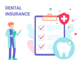Dental insurance. Doctor dentist woman with clipboard checklist and protected teeth. Illustration for web page, banner, poster, template, layout. Flat modern vector concept illustration.