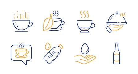 Water care, Espresso and Coffee line icons set. Water bottle, Coffee cup and Restaurant food signs. Mint tea, Beer symbols. Aqua drop, Hot drink. Food and drink set. Line water care icon. Vector