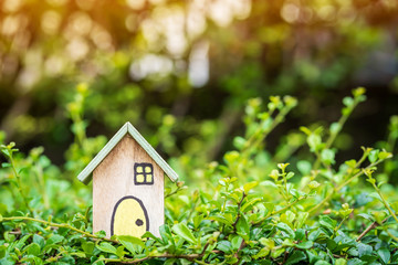 Wooden home model put on the grass on the sunlight in the public park, Loan for real estate or save money for buy a new house to family in the future concept.