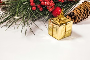 Christmas decorations and gifts on a white background. Winter holiday concept