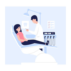 Woman sits in a dental chair in the hospital office. Young doctor man and female patient medicine care teeth flat vector concept illustration.