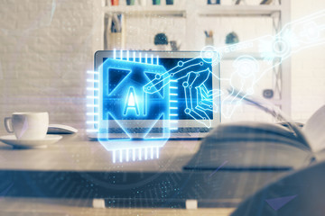 Technology theme drawing and table with computer. Multi exposure. Concept of information.