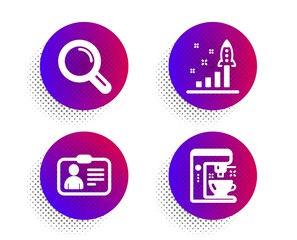 Development plan, Research and Id card icons simple set. Halftone dots button. Coffee maker sign. Strategy, Magnifying glass, Human document. Tea machine. Technology set. Vector