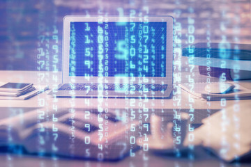 Technology theme drawing and table with computer. Multi exposure. Concept of information.