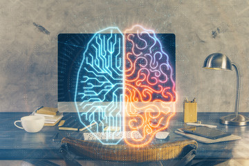 Double exposure of table with computer and brain hologram. Data innovation concept.