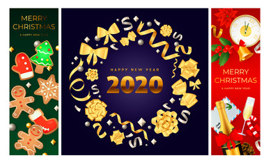 Merry Christmas green, blue, red banner set with wreath