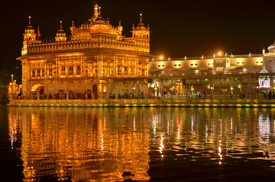 Golden Temple Amritsar Punjab Harmandir Sahib Gurdwara at Night View With Lights. Founded by Guru Nanak Dev, this is world's most holy sikh shrine, and one of the richest indian temples