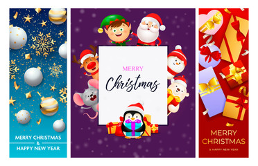 Merry Christmas blue, violet, red banner set with animals