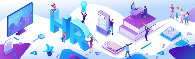 HR department isometric horizontal banner template, Recruitment agency, 3d employer hiring talent personnel, candidates search work via mobile app, office business people, vector illustration - obrazy, fototapety, plakaty