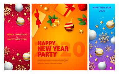 Happy New Year pink, orange, red banner set with bells