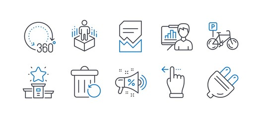 Set of Business icons, such as Augmented reality, Winner podium, Recovery trash, Presentation board, Touchscreen gesture, Bicycle parking, Sale megaphone, 360 degrees, Corrupted file. Vector