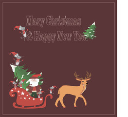 Christmas, New Year card, sale, background. Place for text. Santa sleigh and xmas tree