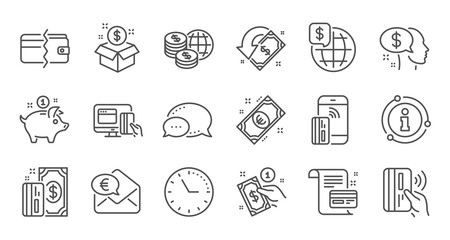 Money payment line icons. Bank transfer, Piggy bank and Credit card. Cash linear icon set. Quality line set. Vector