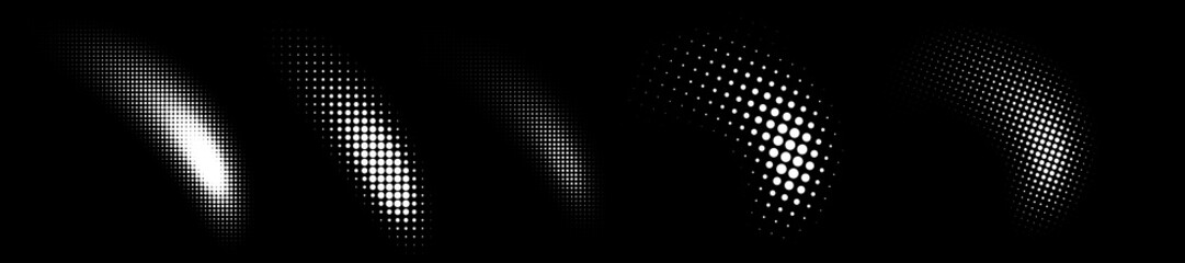 Set of halftone dots curved gradient pattern texture isolated on white background. Curve dotted spots using halftone circle dot raster texture collection. Vector blot half tone collection.