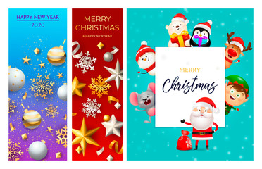 Merry Christmas blue, red banner set with animals, Santa