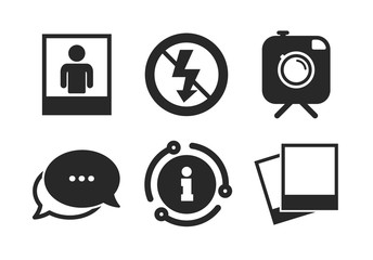 No flash light symbol. Chat, info sign. Hipster retro photo camera with mustache icon. Human selfie portrait photo frame. Classic style speech bubble icon. Vector