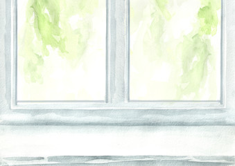 Window frame and an empty window sill with copy space, Watercolor hand drawn illustration and background