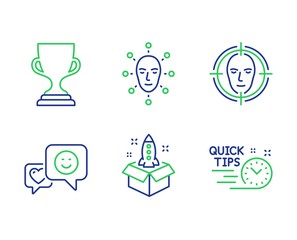 Smile, Award cup and Face biometrics line icons set. Startup, Face detect and Quick tips signs. Socila media, Trophy, Facial recognition. Innovation. Business set. Line smile outline icons. Vector