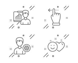 Support, Presentation board and Touchscreen gesture line icons set. Smile sign. Edit profile, Growth chart, Slide left. Social media like. People set. Line support outline icon. Vector