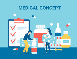 Concept set medical objects and people characters sort tablets and capsules. Flat style vector illustration. Medicine concept for banner, poster, layout, website, template.