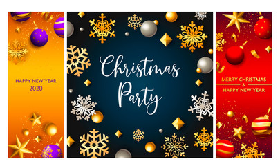 Christmas party orange, blue, red banner set with baubles