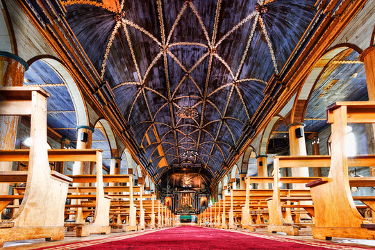 Achao, Chiloe Archipelago, Chile - Inside the Wooden Jesuit Church in Achao (UNESCO World Heritage)