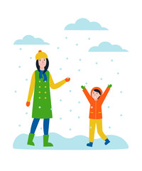 Fototapeta premium Mother and son play and catch snowflakes. Female character and child playing snowballs. Winter weather flat vector concept illustration isolated white background.