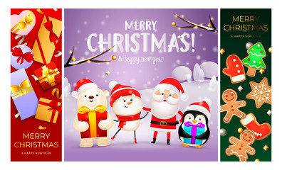 Merry Christmas red, violet, green banner set with animals