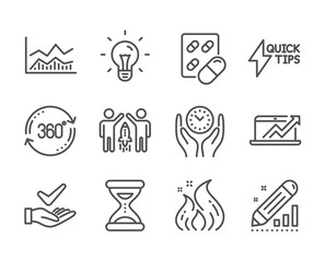 Set of Science icons, such as Idea, Full rotation, Partnership, Safe time, Trade infochart, Edit statistics, Quickstart guide, Capsule pill, Fire energy, Dermatologically tested, Time. Vector