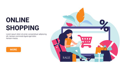 Girl is shopping online. Big laptop and gifts on the background. Modern banner design for sale and discount. Shopping concept flat illustration for web design, banner, app, landing page, promotion.