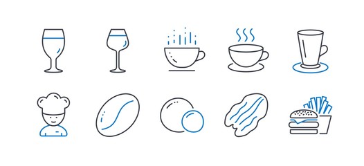 Set of Food and drink icons, such as Beer glass, Cappuccino, Coffee beans, Bordeaux glass, Peas, Teacup, Coffee cup, Pecan nut, Cooking chef, Burger line icons. Line beer glass icon. Vector