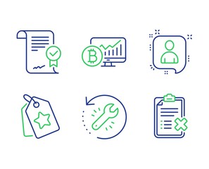 Loyalty tags, Bitcoin chart and Approved agreement line icons set. Recovery tool, Developers chat and Reject checklist signs. Bonus reward, Cryptocurrency statistics, Verified document. Vector