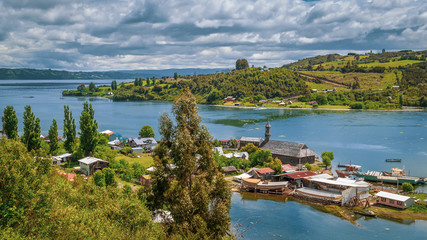 Fototapeta na wymiar San Juan, Chiloe Island, Chile - View of the Town of San Juan and Its Shipyards and the Wooden Jesuit Church (UNESCO World Heritage)