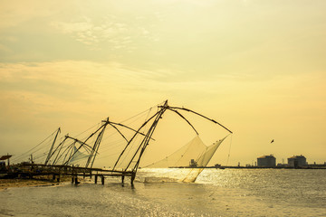 Fototapeta na wymiar Chinese fishnets at Fort Kochi, Kerala, India.