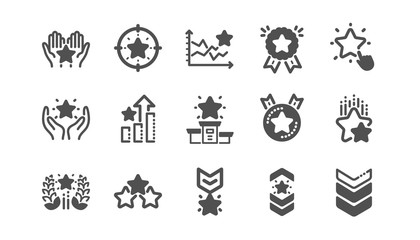 Ranking icons. First place, star rating and winner medal. Shoulder strap, army achievement and star ranking icons. Classic set. Quality set. Vector