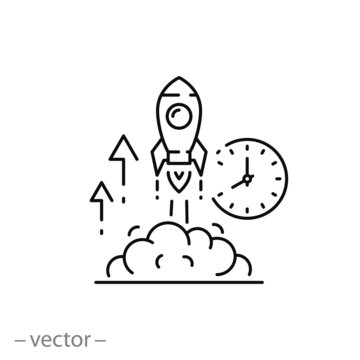launch rocket startup icon, startup time, inspiration concept, innovation, thin line web symbol on white background - editable stroke vector illustration eps 10