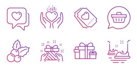 Christmas holly, Heart and Gift line icons set. Shopping cart, Holiday presents and Hold heart signs. Love ticket, Bumper cars symbols. Ilex aquifolium, Love chat. Holidays set. Vector