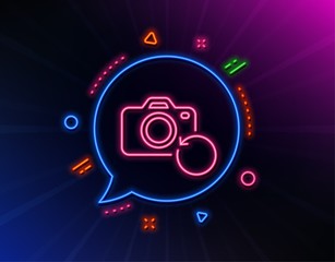 Recovery photo camera line icon. Neon laser lights. Backup data sign. Restore information symbol. Glow laser speech bubble. Neon lights chat bubble. Banner badge with recovery photo icon. Vector