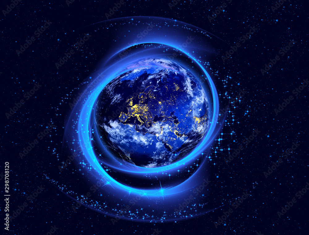 Wall mural planet earth in space surrounded by glowing circle of stars. elements of this image furnished by nas