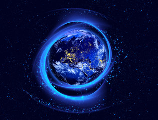 Planet earth in space surrounded by glowing circle of stars. Elements of this image furnished by NASA. 3D rendering.