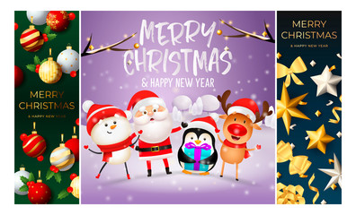 Merry Christmas green, violet, blue banner set with animals