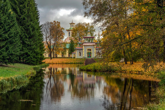 Golden autumn in Catherine Park, Pushkin, St. Petersburg, Russia. Chinese gazebo