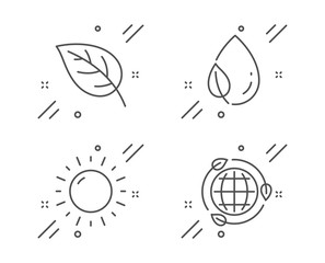 Sunny weather, Leaf and Leaf dew line icons set. Eco energy sign. Sun, Environmental, Water drop. Ecology. Nature set. Line sunny weather outline icon. Vector