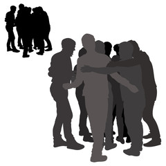 Vector silhouettes of a group of hugging young people together forever.