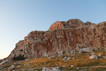 Cape Greko national park view. Rocks, hills, meadows and sea coast.