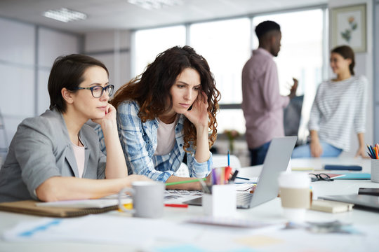 Portrait of two young businesswomen looking at laptop screen while planning creative project in publishing agency, copy space