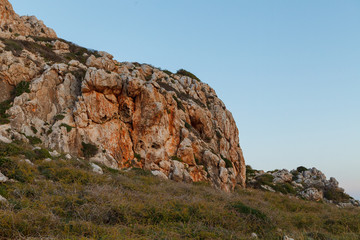 Cape Greko national park view. Rocks, hills, meadows and sea coast.